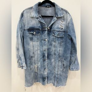 Distressed Longline denim oversized jean jacket. Size large.